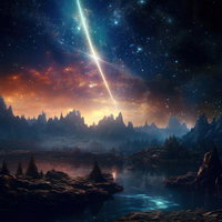 光の流れが走る宇宙風景と惑星・銀河・星空ライトビームの写真