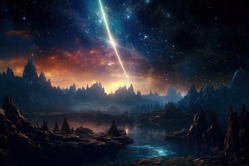 光の流れが走る宇宙風景と惑星・銀河・星空ライトビーム