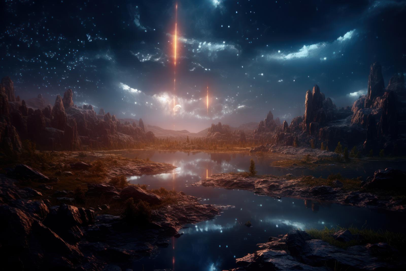 光柱が中央から降る異世界の湖と星空の風景