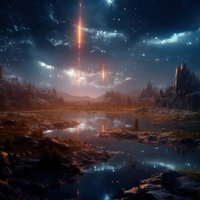 光柱が降る異世界の湖畔と惑星風景、星空とファンタジーSF背景の写真