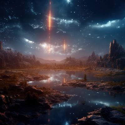 光柱が降る異世界の湖畔と惑星風景、星空とファンタジーSF背景の写真