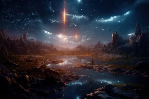 光柱が降る異世界の湖畔と惑星風景、星空とファンタジーSF背景