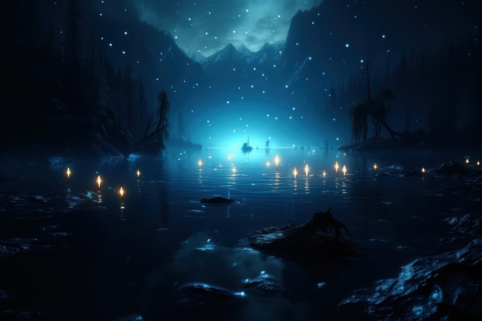 夜の湖に灯火が並ぶファンタジー風景