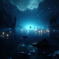 静けさの中の灯火と湖面の波静かの写真