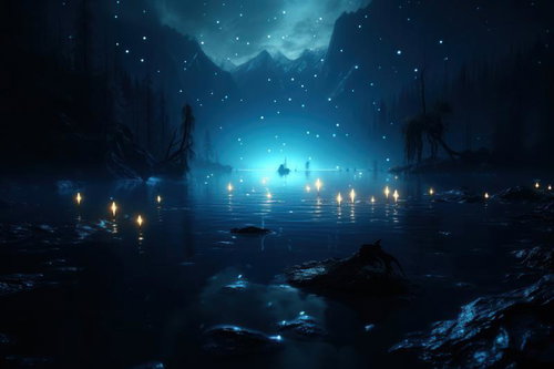 静けさの中の灯火と湖面の波静か