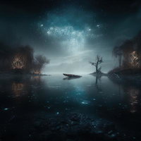 暗がりの湖面に浮かぶ不気味な小舟と異世界の光景の写真
