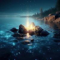 湖面に浮かび上がる光と弾ける灯火の幻想風景の写真