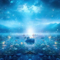 光の粒舞う湖面に包まれるファンタジーの聖域の写真