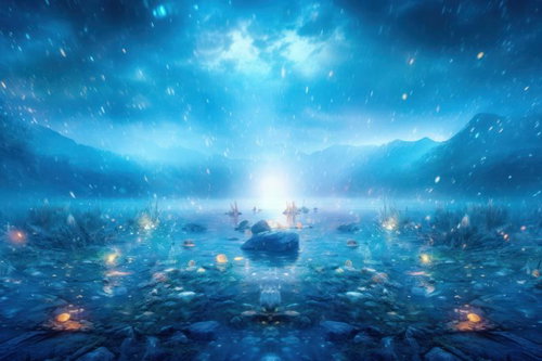 光の粒舞う湖面に包まれるファンタジーの聖域