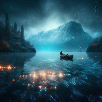 降雪の中で灯火に照らされる小舟が揺れる幻想的な泉の写真