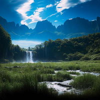 緑に包まれた湿原の滝と熱帯ジャングルの絶景の写真