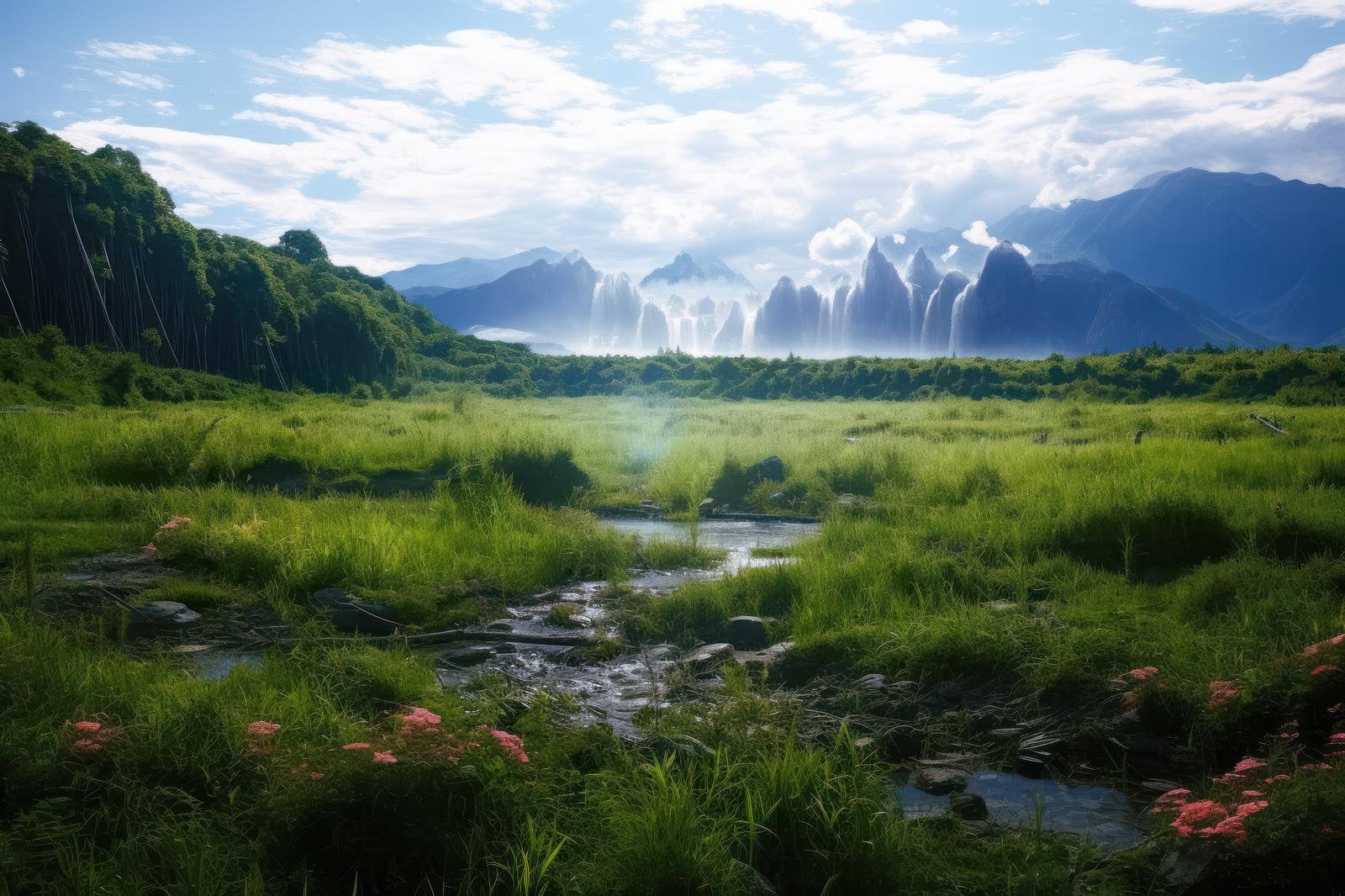 緑の湿地帯に清流が流れ、奥に白い滝と山々が見える熱帯の風景