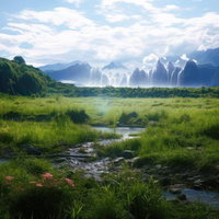 緑の湿原に映える熱帯の滝と大自然・ジャングルの渓流風景の写真