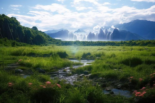 緑の湿原に映える熱帯の滝と大自然・ジャングルの渓流風景