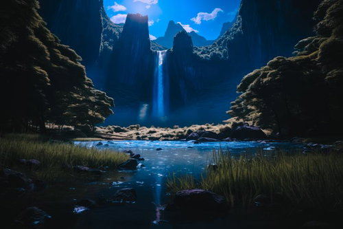 渓谷の断崖から落ちる白い滝とジャングルの水源