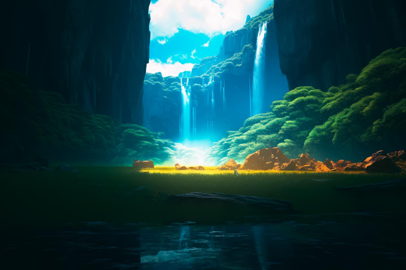 A waterfall cascading into a jungle valley, with a golden plain below