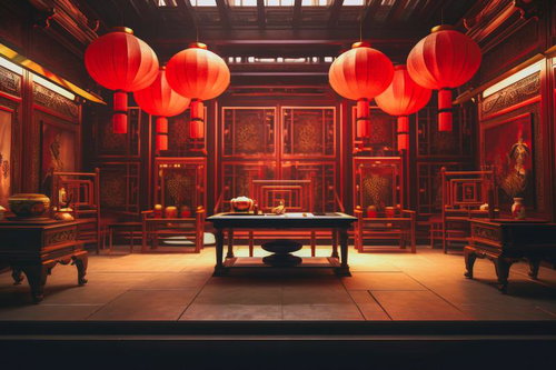 赤い提灯が灯る中華風インテリアの間、黒いテーブルと対称配置の装飾
