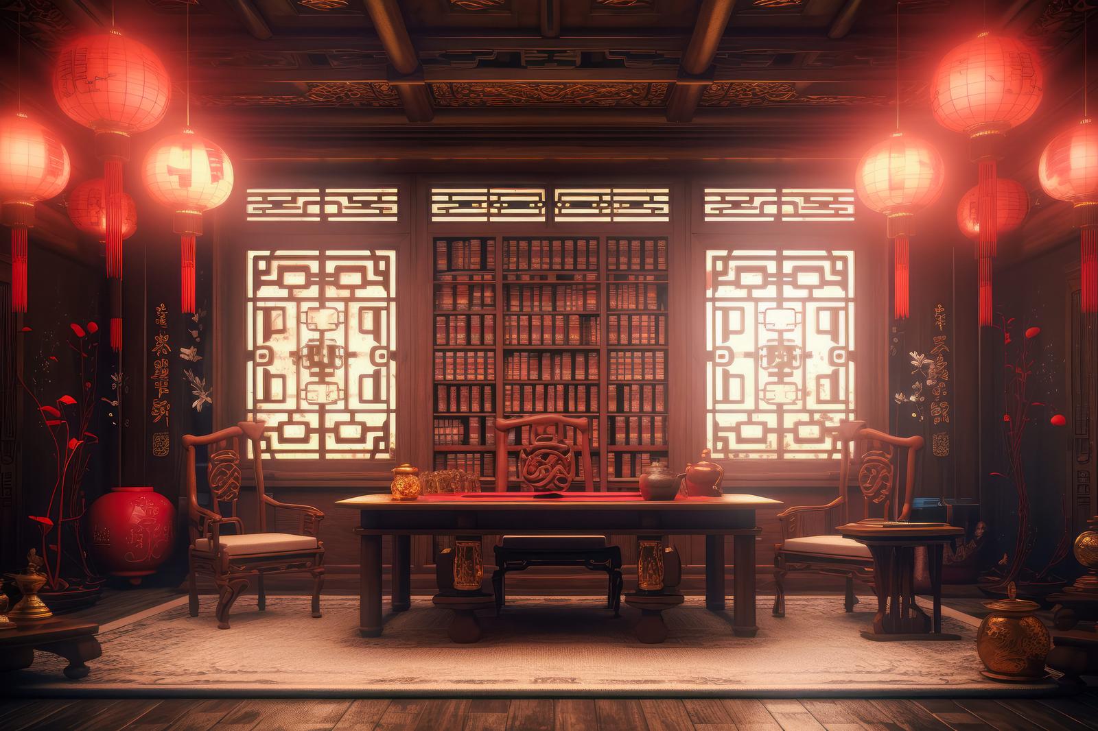 赤い提灯と格子窓が特徴的な中華風春節書斎のインテリア
