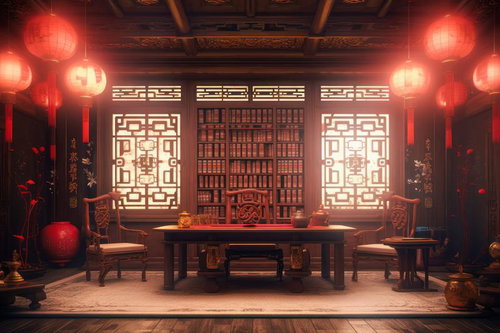 赤提灯が映える中華風の春節インテリア書斎