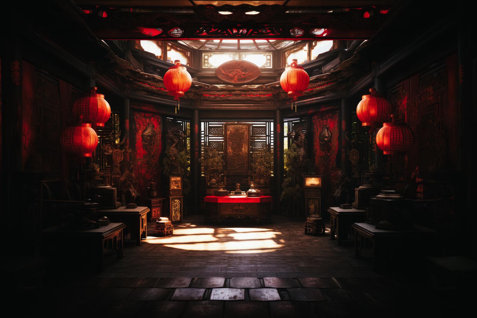 赤提灯と金色装飾が配置されたチャイニーズルーム風宮殿の内部