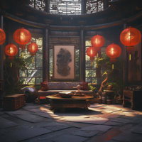 赤い提灯が照らす中華風の楼閣インテリア空間の写真