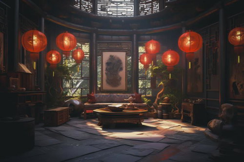 赤い提灯が照らす中華風の楼閣インテリア空間