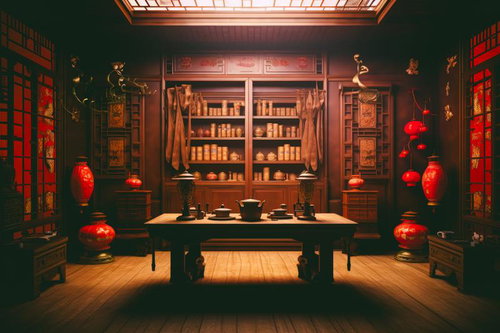 中華風書斎に灯る提灯と中国建築の室内装飾