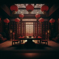 中華風の赤提灯が飾られる食卓のある宮殿風の部屋の写真