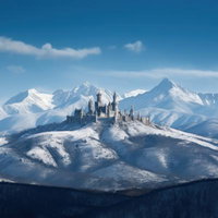 雪化粧した雪山を背景とした外国の城風の冬景色の写真