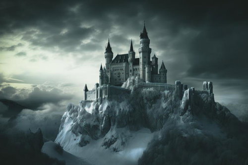 雪化粧された崖の上の複数塔を持つ宮殿風キャッスル