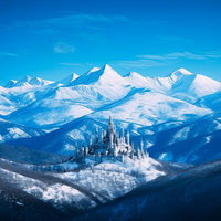 雪に覆われた氷の宮殿風の城、銀色に輝く山々を背景にした銀世界のAI画像