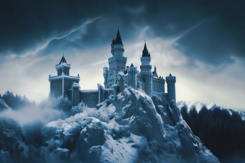 雪化粧した凍てつくスノーキャッスル、銀世界に聳える氷の城