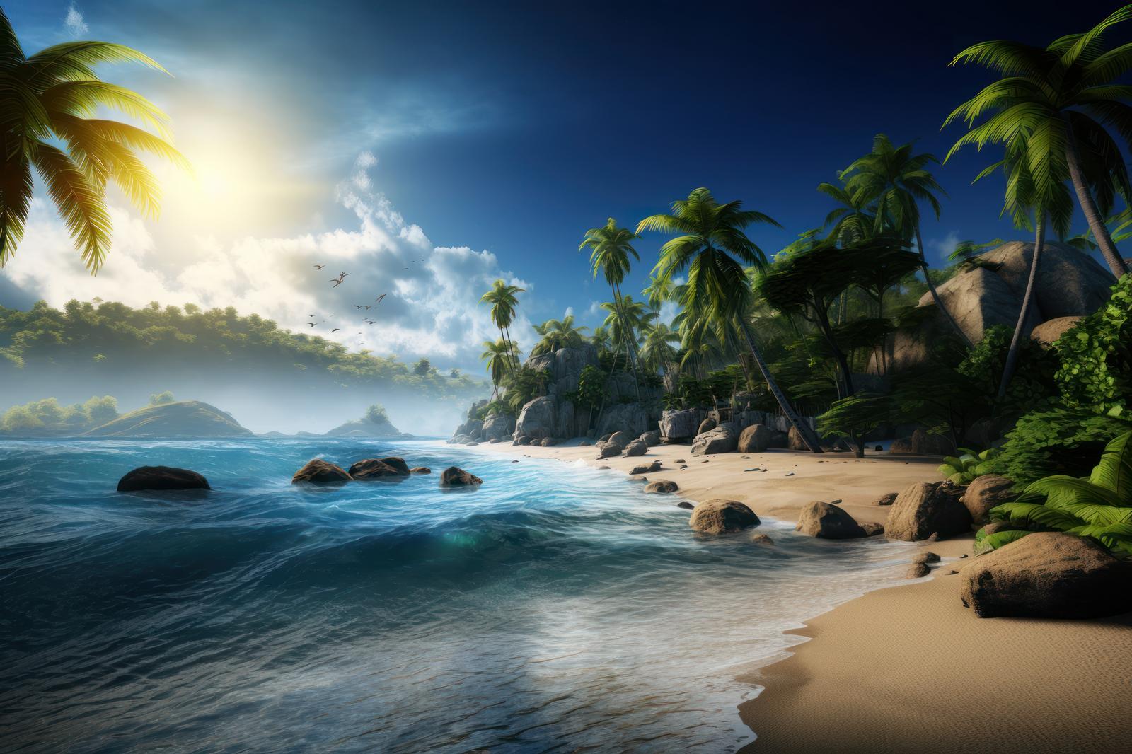 ヤシの木と岩礁が点在する南国ビーチの無人島の風景