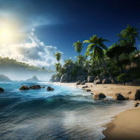 ヤシの木と岩礁が連なる南国ビーチの無人島の写真