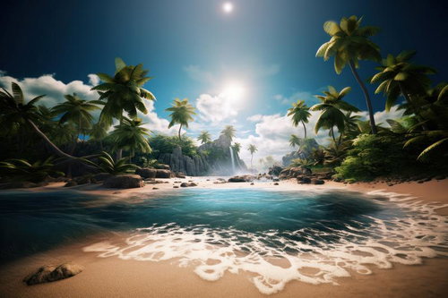 強い日差しが照らす南国の島の浜辺、ヤシの木とターコイズブルーの海