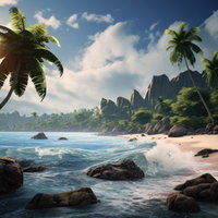 ジャングルに囲まれた島の波打ち際と海岸の風景の写真