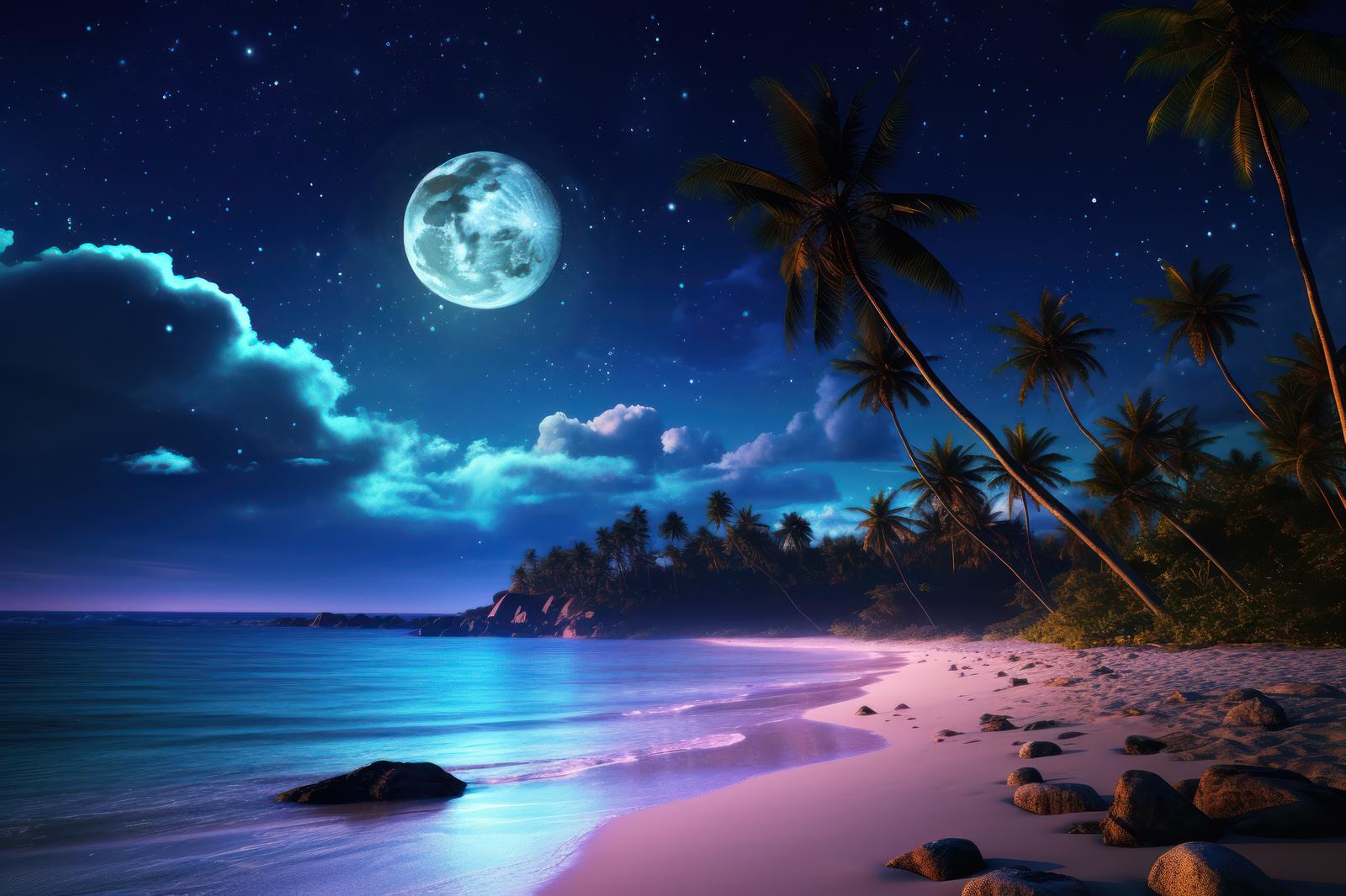 月明かりに照らされる南国の浜辺とヤシの木、満月が浮かぶ夜景