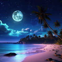 月明かりが浜辺を照らす南国の海辺の夜景の写真