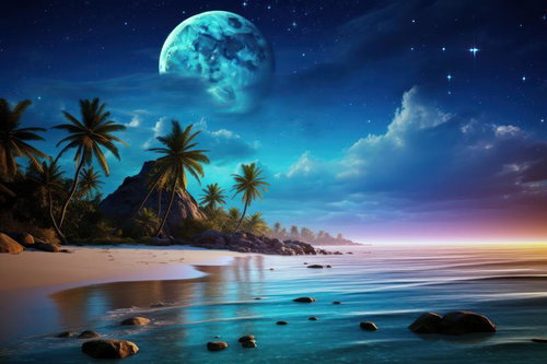 月明かり照らす南国ビーチと夜空の惑星と星々