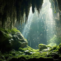 光が差し込む鍾乳洞の鉱石と鍾乳石、洞窟の神秘的な光景の写真