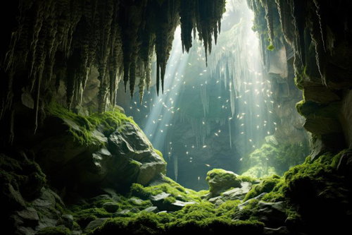 光が差し込む鍾乳洞の鉱石と鍾乳石、洞窟の神秘的な光景