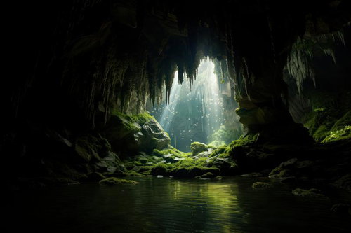 苔むした鍾乳洞から差し込む光芒と泉 - 神秘的な地下空間