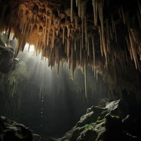 鍾乳洞の天井から落ちる雫と光芒が照らす鍾乳石の写真