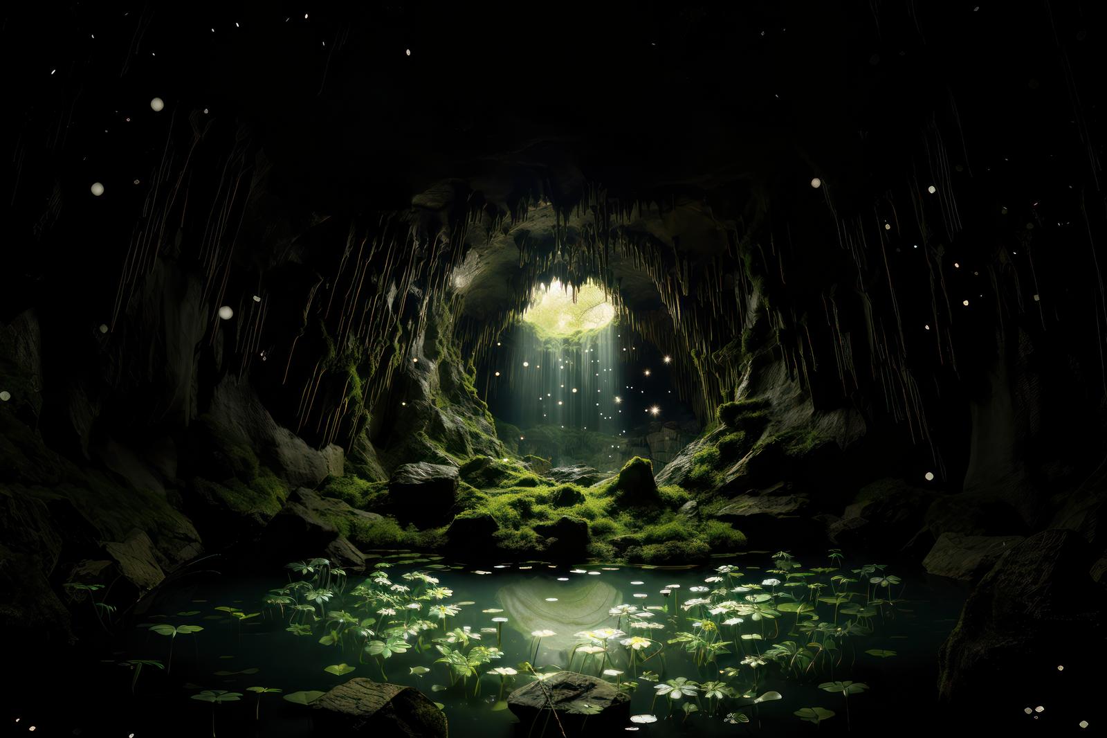 光が差し込む鍾乳洞の水中に浮かぶ白い花と苔で覆われた岩