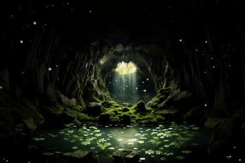 光差す泉の鍾乳洞 地下水に誕生する植物の息吹