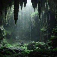 苔生す鍾乳洞の洞窟、光が降り注ぐ地下世界の写真