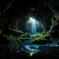 苔生す洞窟と鍾乳洞から流れ落ちる水脈の風景の写真