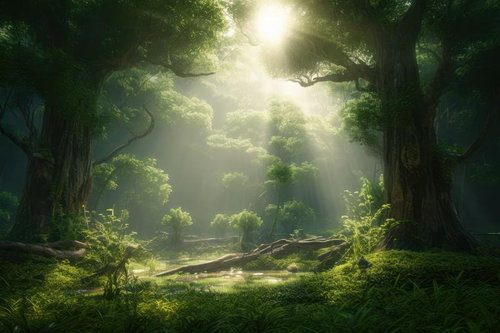 森の中の息吹、天使の梯子を辿る光芒が降り注ぐ神秘的な樹林風景