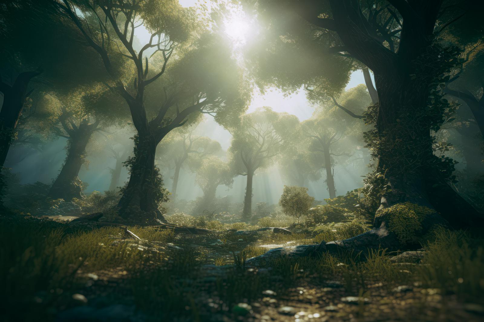 朝日が森を照らす薄明光線の風景