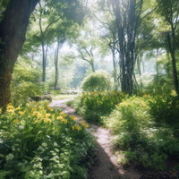 木漏れ日と天使の梯子が降り注ぐ森林の登山道の写真